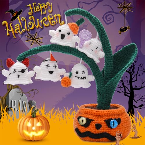 HASTHIP® Halloween Crochet Kit for Beginners, Complete DIY Spooky Ghost Pumpkin Tree Desk Decoration Set with Step-by-Step Instructions, Yarn Kit for Home, Office, Gift Crafting