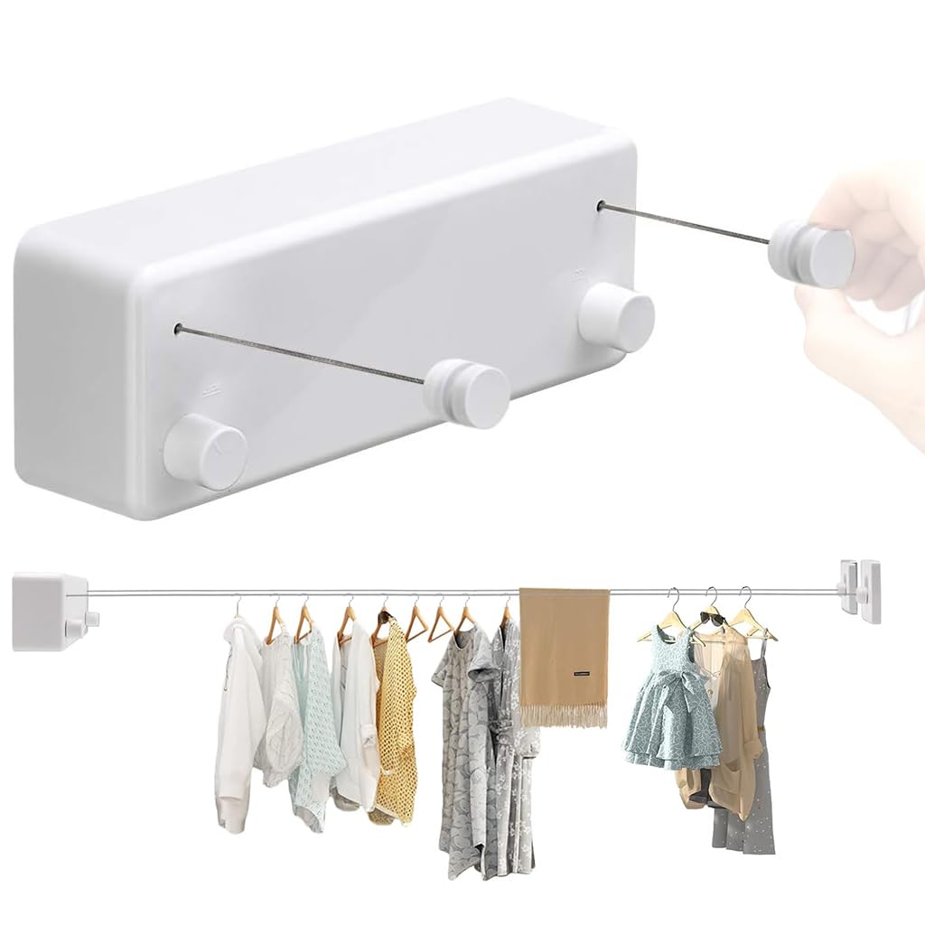 HASTHIP Wall Clothesline for Indoor and Outdoor Use with 4.6 Yard Dual Row Stainless Steel Rope | Retractable Metal Aluminum Housing