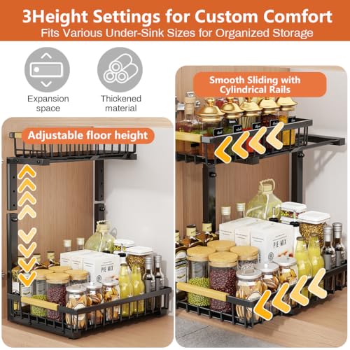HASTHIP® Under Sink Organizer Rack, 2-Tier Sliding Drawer Adjustable Height Countertop Storage Shelf, Carbon Steel Metal Kitchen Bathroom Pantry Office Stand