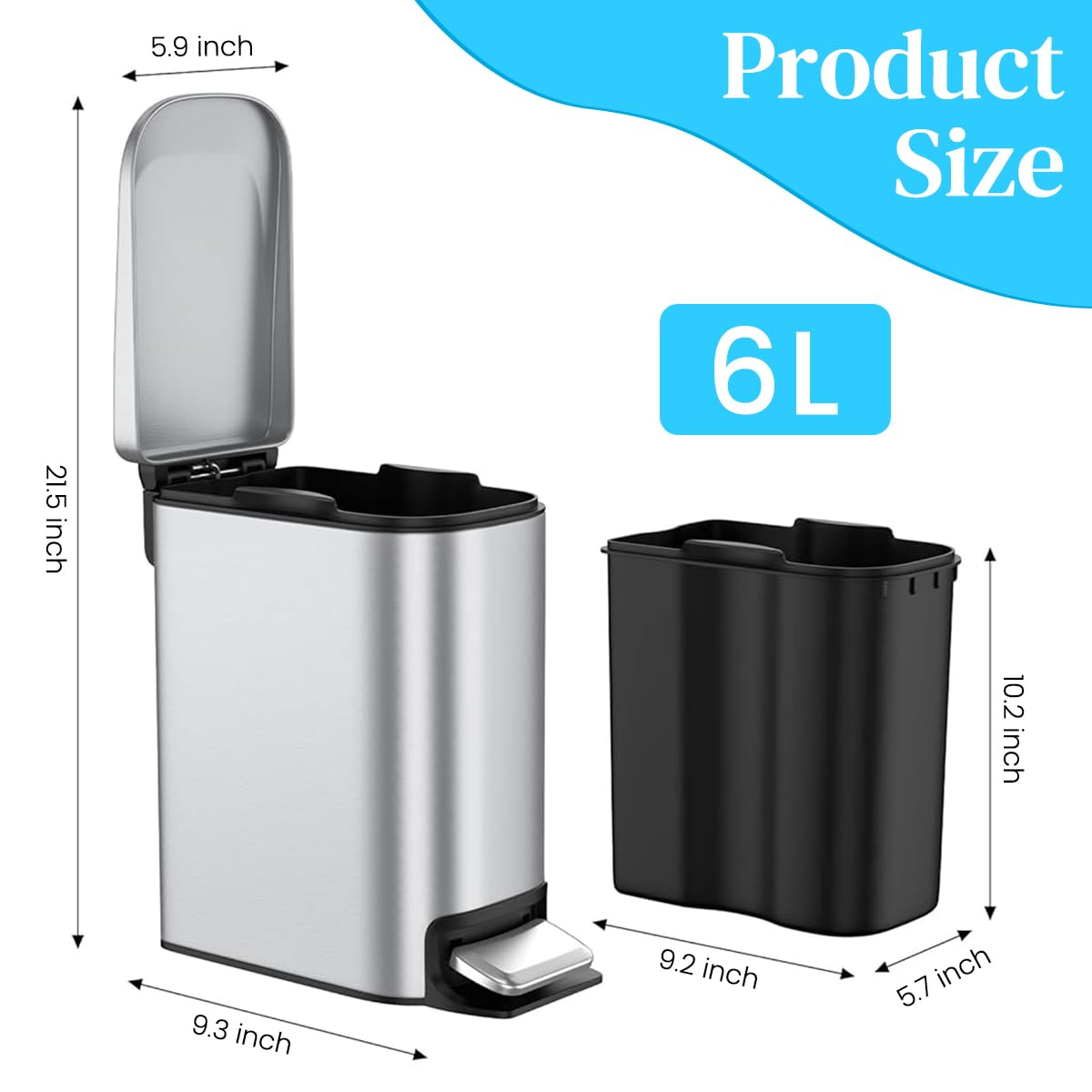 HASTHIP Slim Bathroom Trash Can for Small Spaces with Soft Close Pedal Lid 6 L Stainless Steel Bin