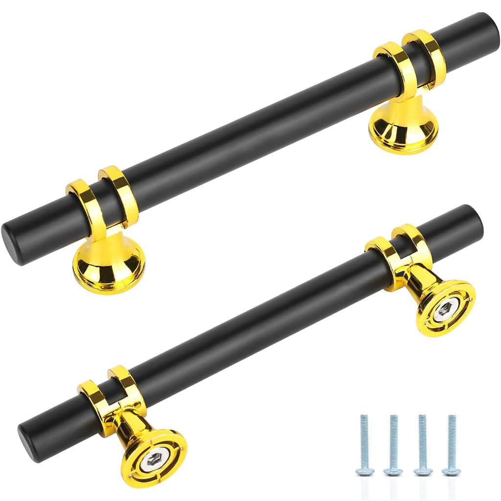 HASTHIP® Black and Gold Cabinet Handles 2 Pack, 3-3/4 inch Hole Center Drawer Pulls and Knobs, Zinc Alloy Kitchen Cupboard Hardware for Dresser, Furniture Door Knobs Multicolor Design