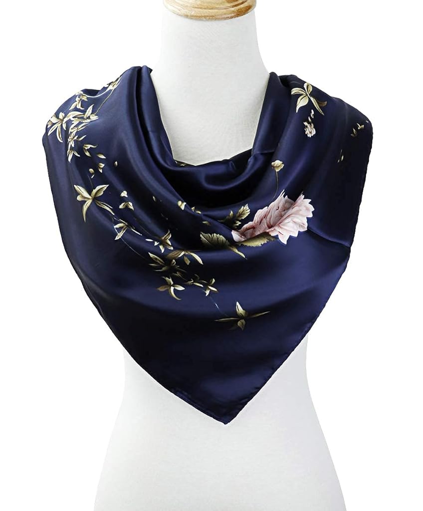 HASTHIP® Satin Silk Like Square Scarf for Women 35x35 Inch Large Headscarf Hair Wrap Neck Shawl Bandana Lightweight Fashion Accessory (Navy Blue)