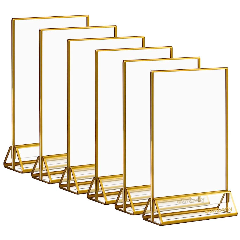 HASTHIP® 6 Pcs Portacarteles Acrílicos Dorados A6, Marcos Transparentes de Doble Cara 4x6 Pulgadas con Borde Dorado y Base Estable, Soportes Verticales de Mesa para Menús, Fotos, Bodas y