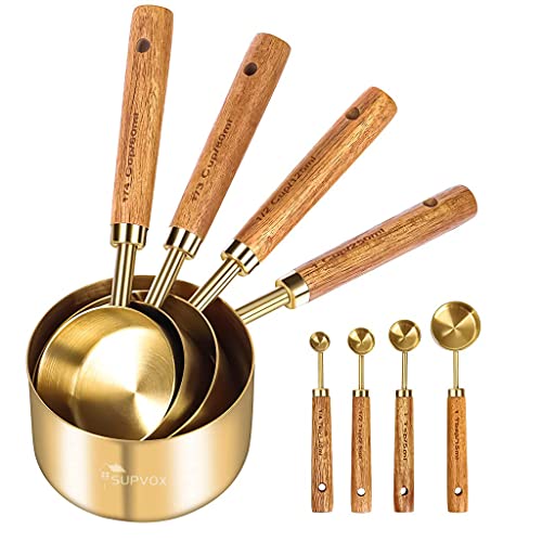 HASTHIP® Measuring Cups and Spoons with Wood Handle Set of 8, Stainless Steel, Golden Polished