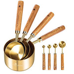 HASTHIP® Measuring Cups and Spoons with Wood Handle Set of 8, Stainless Steel, Golden Polished