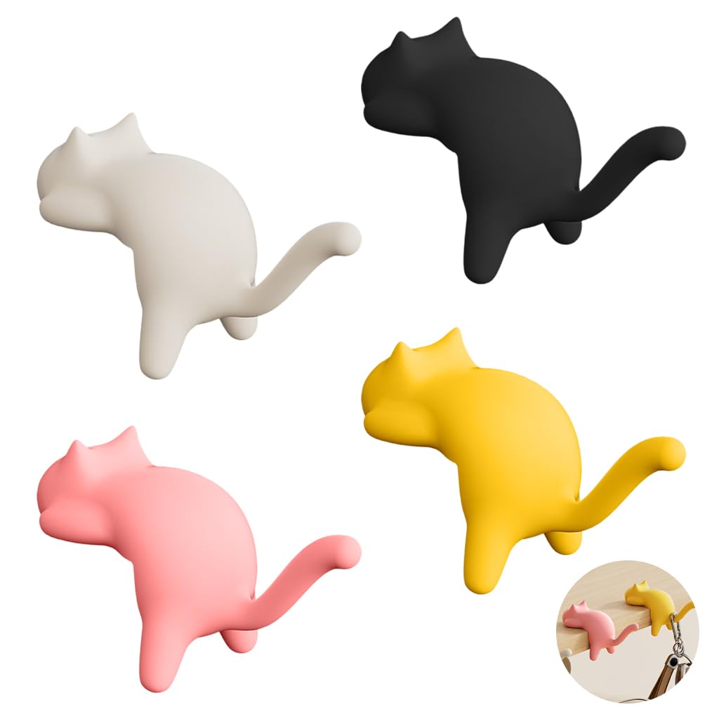 HASTHIP® 4Pcs Desk Bag Hooks Self Adhesive Entryway Shelf Hooks Desk Ornaments, Decorative Hangers Cartoon Kitty Shelf Key Holders for Home Office