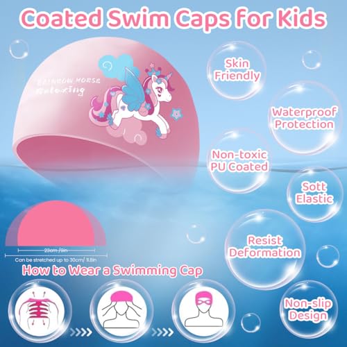 HASTHIP® Girls Swimming Goggles & Swim Cap Set, Kids Anti-Fog UV Protection Goggles with Integrated Ear Plugs, No Leak Swim Goggles Clear Vision, Cartoon Swim Goggles Kids for Children Age 6-14