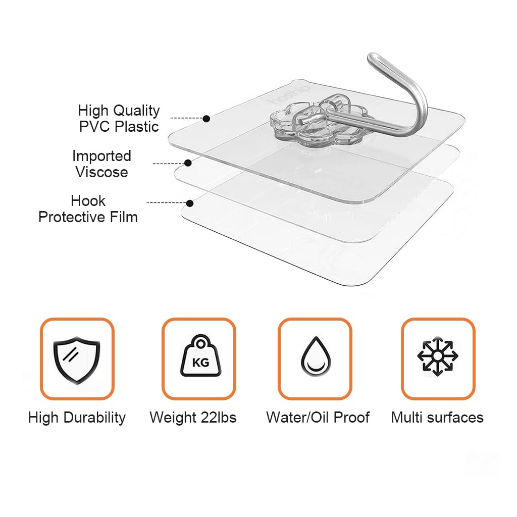 HASTHIP Wall Hooks for Bathroom and Kitchen with Ultra Adhesive Acrylic Glue | 16 Pack Plastic and Metal Transparent Design