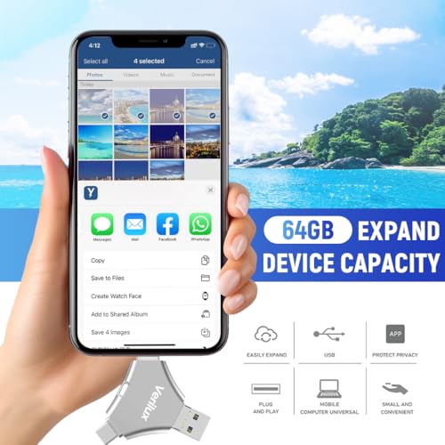 HASTHIP® HikXio 64GB Flash Drive 4-in-1 USB Memory Stick,USB 3.0 High-Speed OTG Flash Drive with Keychain,Type-C USB-A Micro Lightning Compatible with iPhone Android iPad Tablet PC