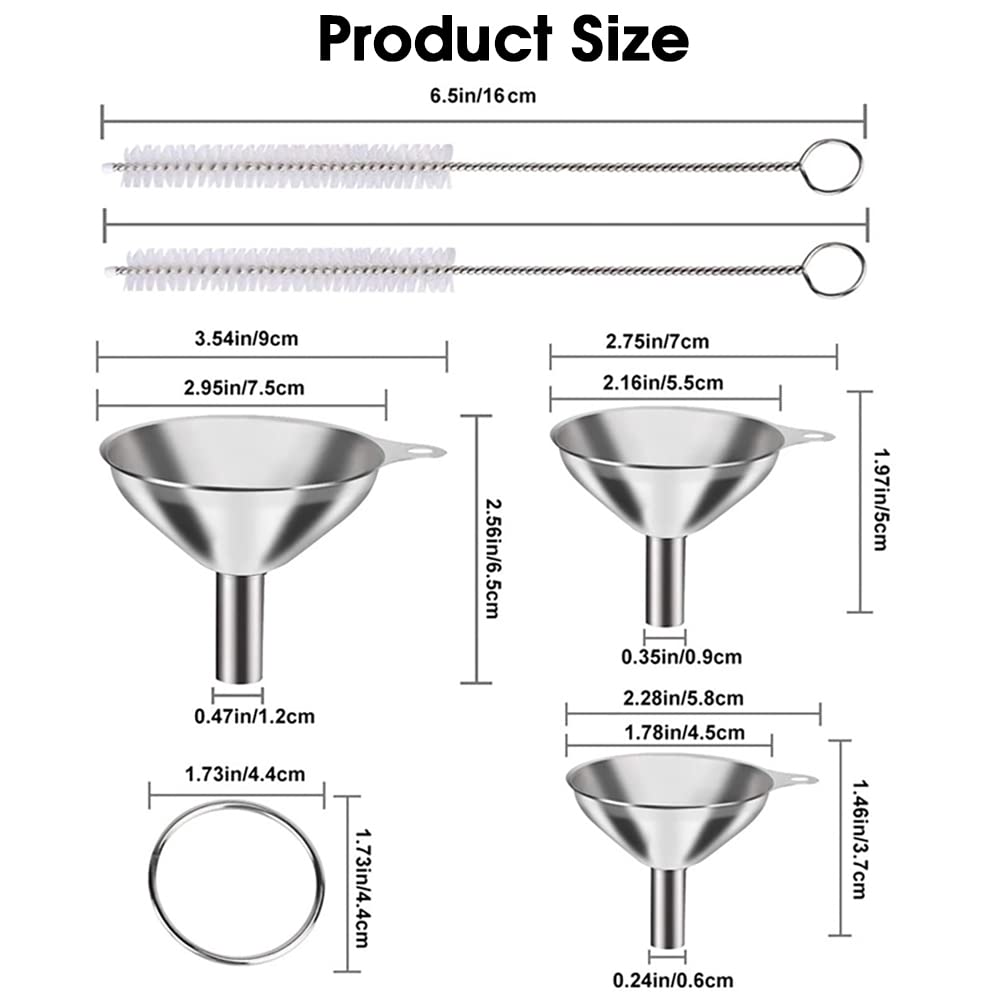 HASTHIP metal stainless steel funnel set of 3 with 2 cleaning brushes 0.24–0.47in nozzles for kitchen use | food grade stackable design