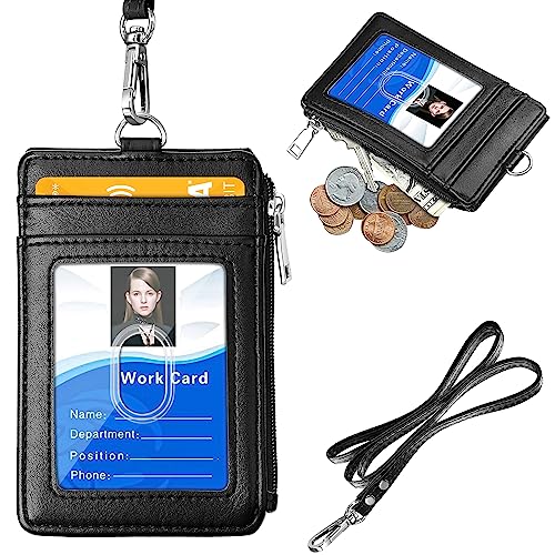 HASTHIP® PU Badge Holder Card Holder with Neck Strap Transparent Badge Holder Universal Staff Badge Holder Multi Purpose Badge Holder with Zipper Pouch & Card Slots
