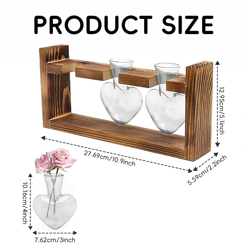 HASTHIP Hydroponic Glass Vase Kit for Desktop Decor with 3 Heart Planters & Wooden Stand