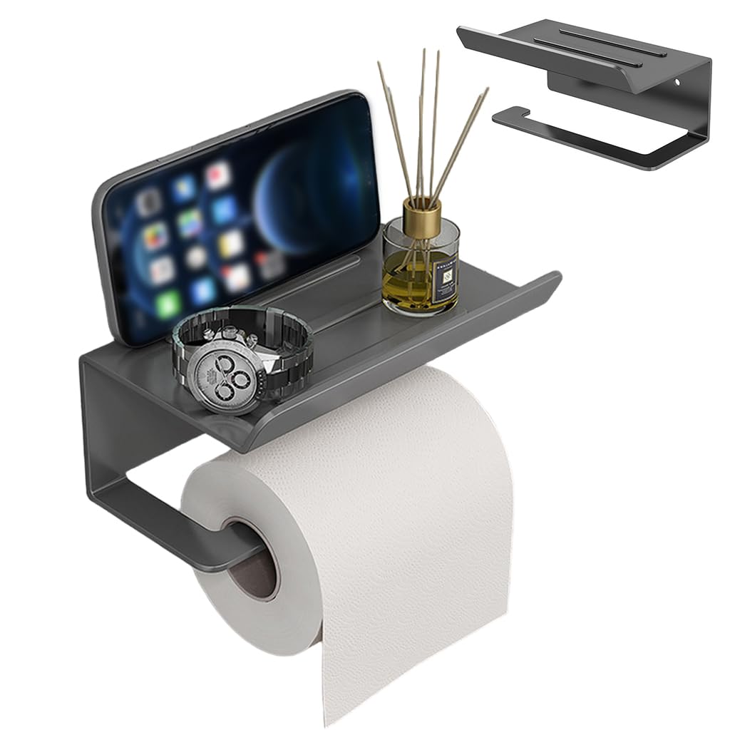 HASTHIP® Stainless Steel Toilet Paper Roll Holder with Mobile Stand - Tissue Holder for Bathroom No Drilling Rustproof Wall Mounted Storage Rack Bathroom Accessories for Washroom - Black