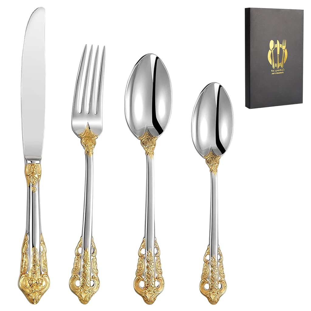 HASTHIP Stainless Steel Fork and Spoon Set of 4 for Dining with Embossed Golden Handle | Gift Box