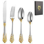 HASTHIP Stainless Steel Fork and Spoon Set of 4 for Dining with Embossed Golden Handle | Gift Box
