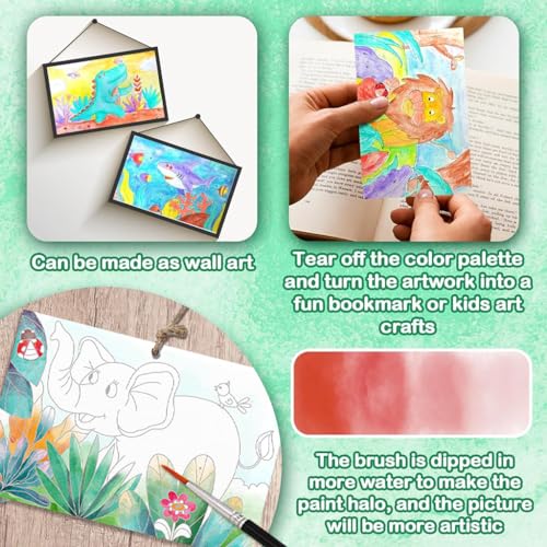 HASTHIP® 2Pcs Kids Watercolor Painting Book Set, Reusable Water Coloring Books for Toddlers Age 3+, Hard Paper Water Colour Book with Pigments & Paint Brush, Educational Art Craft Kit for Boys Girls