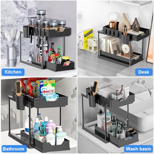 HASTHIP® BrandName 2-Tier Standing Rack Countertop Organizer with Hanging Tableware Holder, Under Sink Utensil Storage Shelf, Spice Rack with Hooks for Kitchen