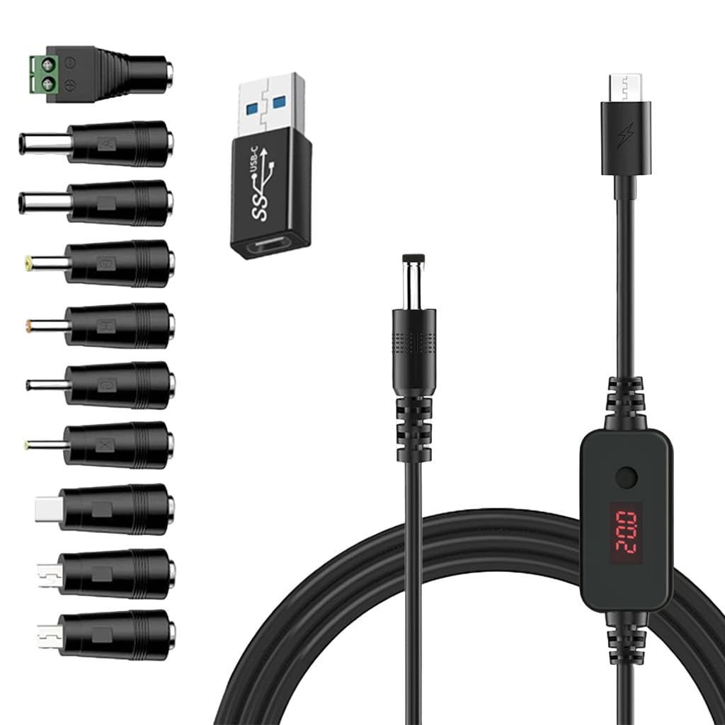 HASTHIP® Cable USB C a DC 11 Conectores, Voltaje Ajustable 5V-20V con Pantalla LED y Botón de Encendido, Cable de Carga Versátil 3.3ft para Portátiles, Monitores Portátiles, Enrutadores,