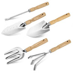 HASTHIP Gardening Tools Set for Planting and Weeding with Wooden Handles | 5Pcs Stainless Steel featuring Laser Etched Scale