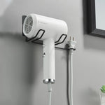HASTHIP Hair Dryer Stand for Bathroom with Plug Holder featuring Self Adhesive Mount | Stainless Steel Wall Organizer in Black