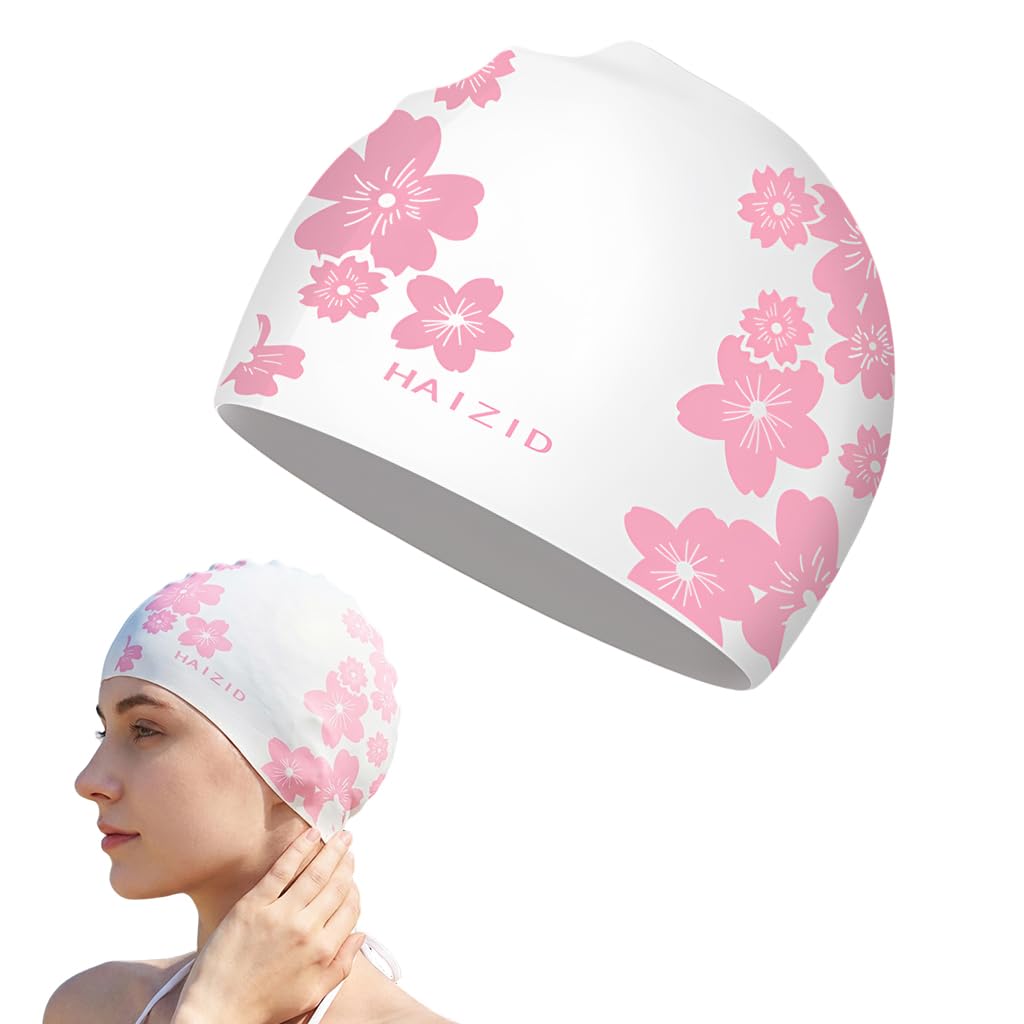 HASTHIP® Proberos Swimming Cap for Women & Girls, Waterproof Silicone, Pressure-Free Fit Swim Cap, Long Hair Swimming Head Cap, Wrinkle-Free Women Swim Pool Cap for Long Hair, Floral Prints