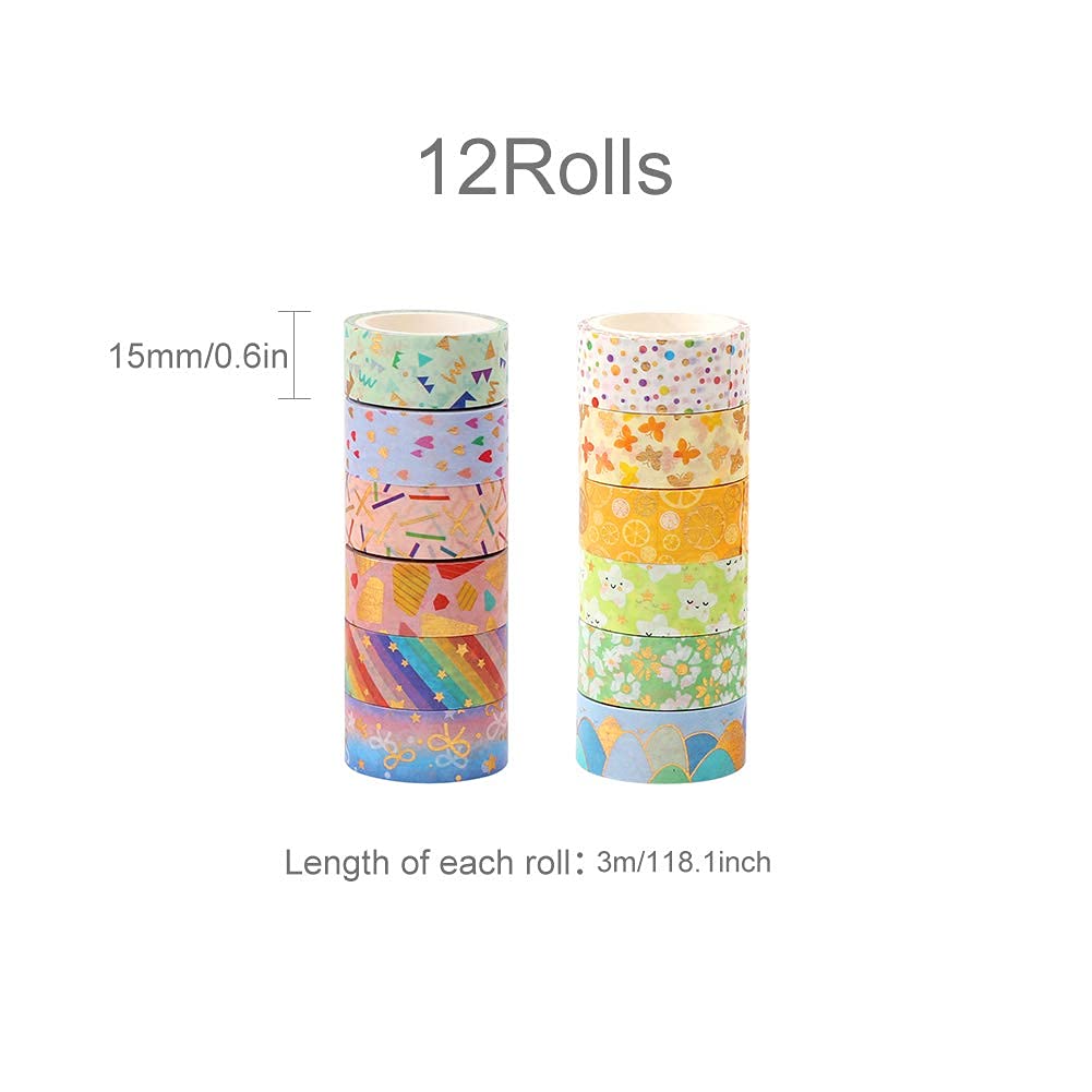 HASTHIP Decorative Masking Tape for Scrapbooking and Gift Wrapping 12 Rolls 15mm | Gold Foil Flower Washi in Yellow