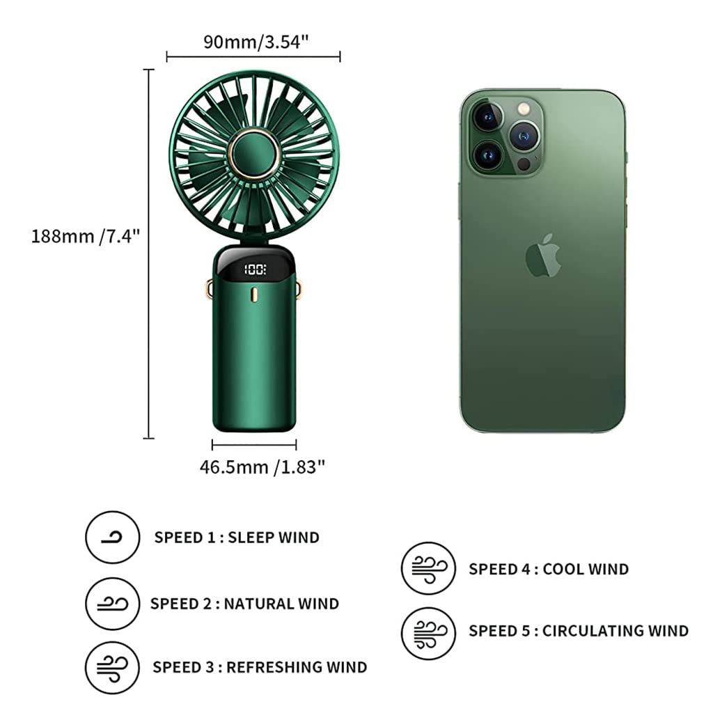 HASTHIP Hand Fan for Women with 3000mAh Battery and 5 Speeds featuring Foldable 90° Base | Green Portable USB Rechargeable Fan