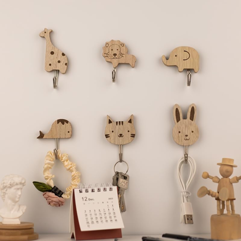 HASTHIP® 6Pcs Wooden Wall Hooks Cartoon Wooden Wall Hooks Home Decor Decorative Self-Adhesive Wall Hooks for Room, Kitchen, Entry