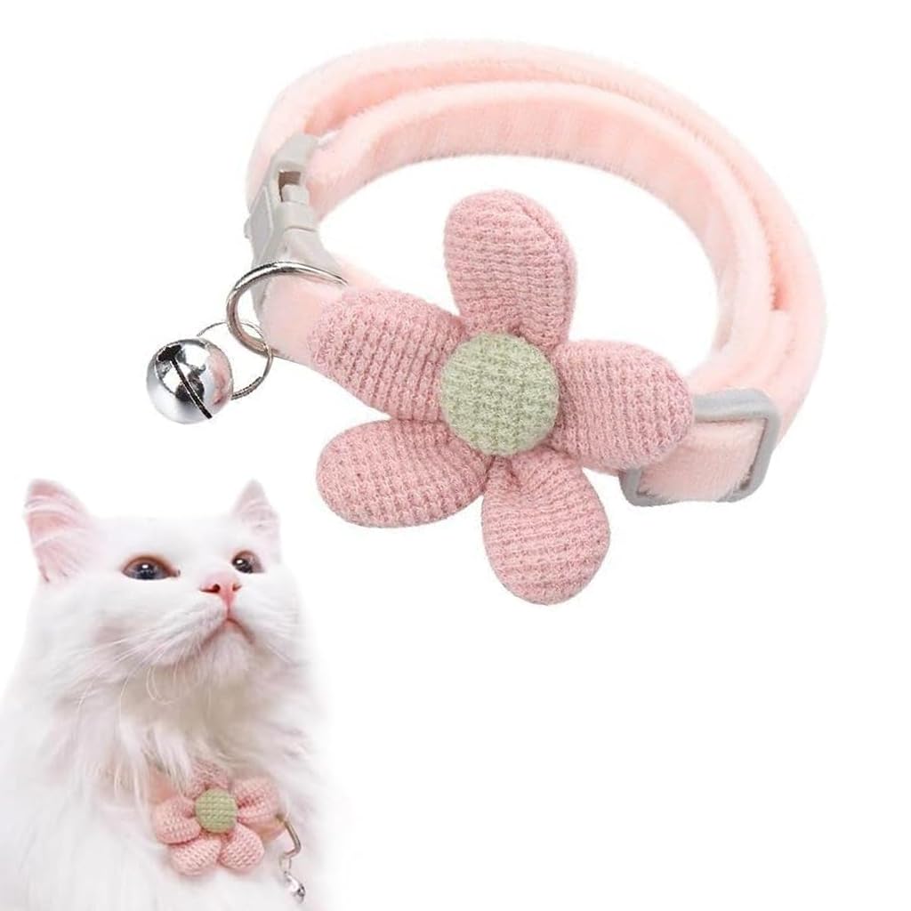 HASTHIP® Cat Belt, Cat Collar with Bell, Pink Flower Cat Collar Soft & Comfortable, Cute Pet Collar Silver Cat Bell Collar