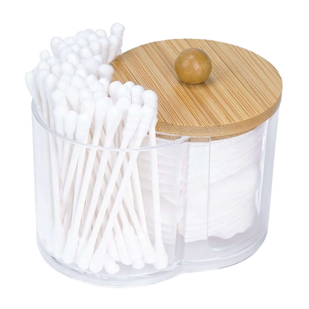 HASTHIP Cotton Swab Holder for Bathroom and Vanity featuring 2 in 1 Clear Organizer Box with Wooden Lid