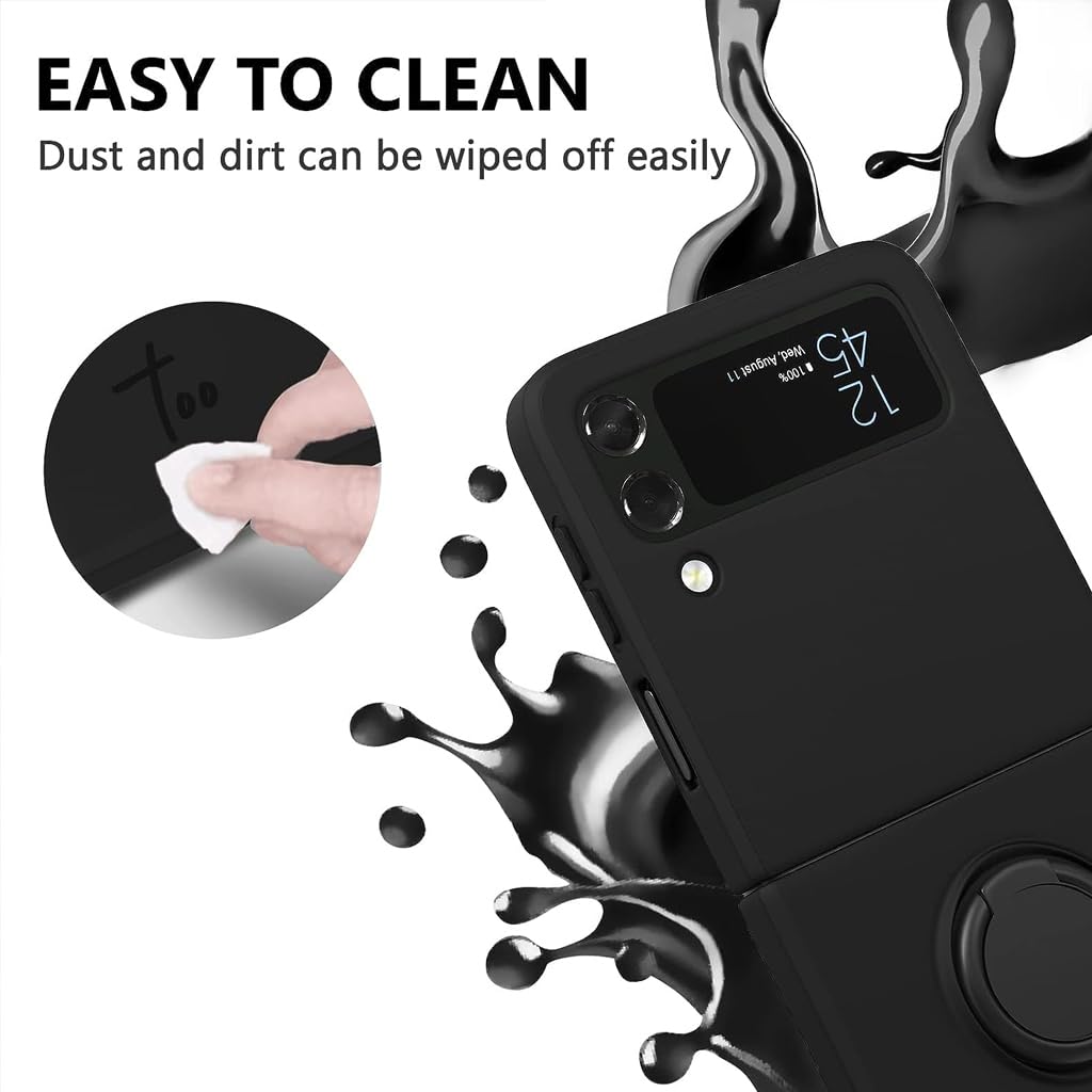 HASTHIP® Samsung Galaxy Z Flip 3 5G Case with Built-In Ring Grip, Anti-Scratch TPU, Shock Absorption, Slim Design, Wireless Charging Compatible, Matte Finish, Black