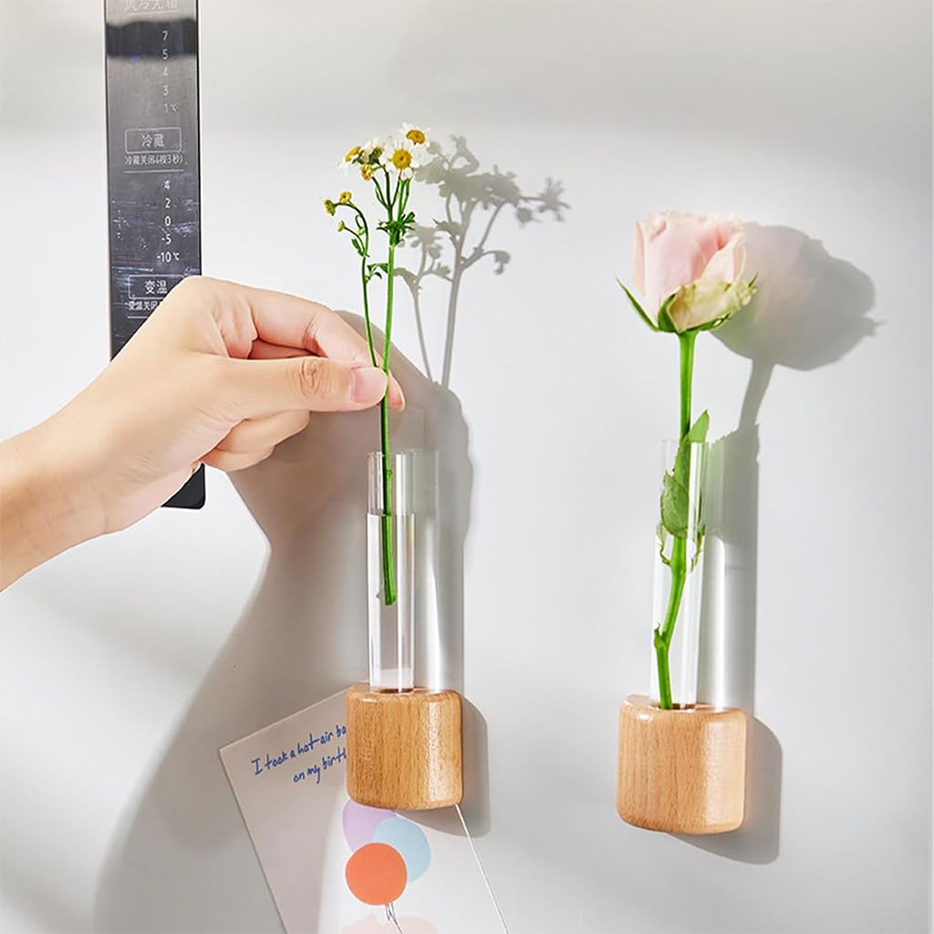 HASTHIP Fridge Magnet Hydroponics Tube for Home Decor with Magnetic Wooden Holder | Fresh Green Style