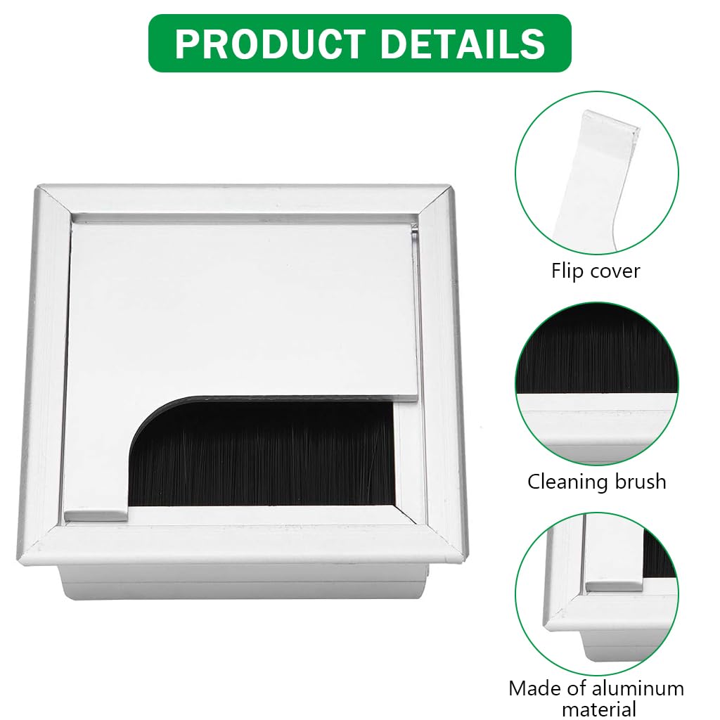 HASTHIP Desk Hole Cap for Office Cable Management 80x80mm with Flip Lid & Brush | Aluminium 3 PCS