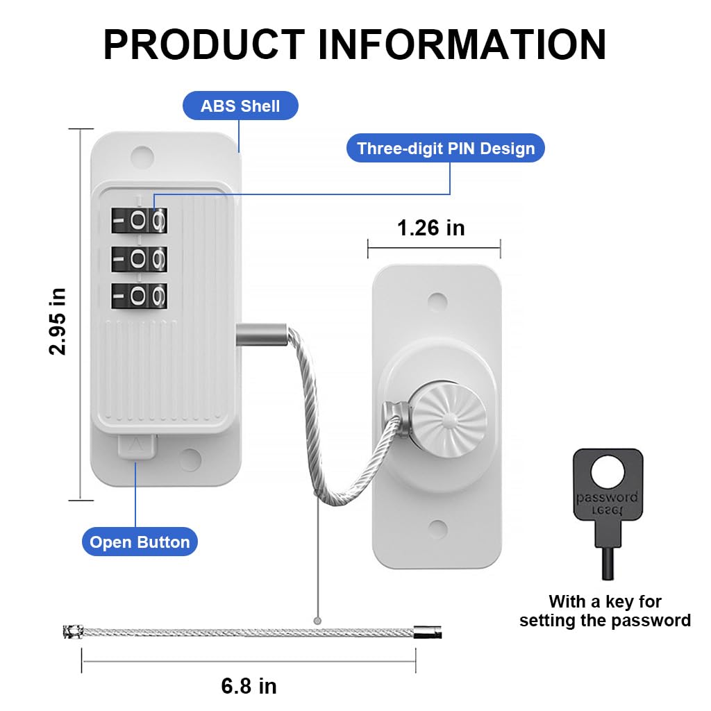 Door Lock for Kids' Safety, Fridge Lock with Password, Nail-Free Password Chain Lock, Multifunctional Cabinet Locks for Refrigerator, Cabinets and Drawers, Closets, Windows, Doors (White)