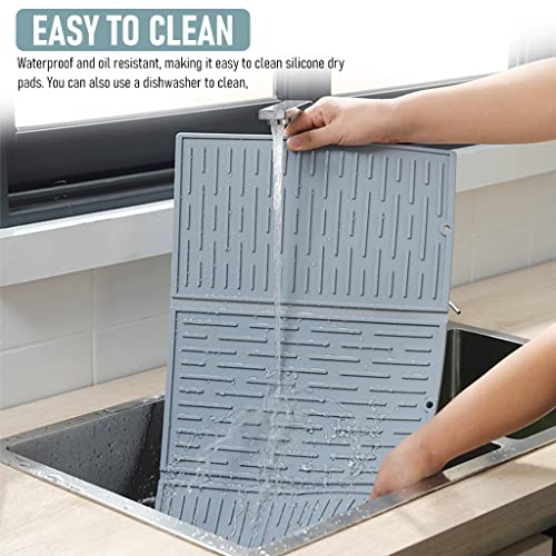 HASTHIP® Silicone Dish Drying Mat, Collapsible Trifold Drying Mat for Kitchen Utensils, 24 * 13'' Extra Large Dish Drainer Mat, Heat Resistant Slip-Proof Tray, Folding Draining Silicone Mat(Grey)