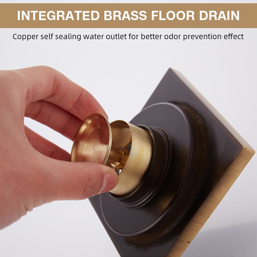 HASTHIP Bathroom Floor Drain for Shower with Self-Opening Anti-Odor Mechanism | 3.93 in Antique Brass Square Featuring Floral Cut-Out Cover