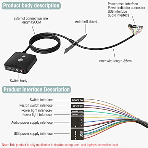 HASTHIP® Desktop PC Power Switch, Computer On/Off Button with 2 USB Ports & 3.5mm Audio Jacks, 1.6M Extension Cable, ATX Power Supply Control, Push Button for Desktop Computer, Laptop Host