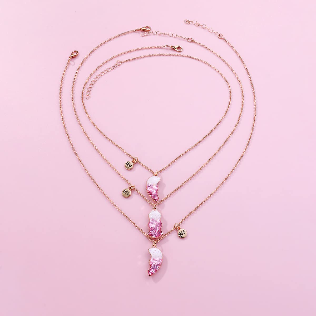 HASTHIP Best Friend Necklace for Girls featuring Trio Heart Pendants with Pink Sequin Design