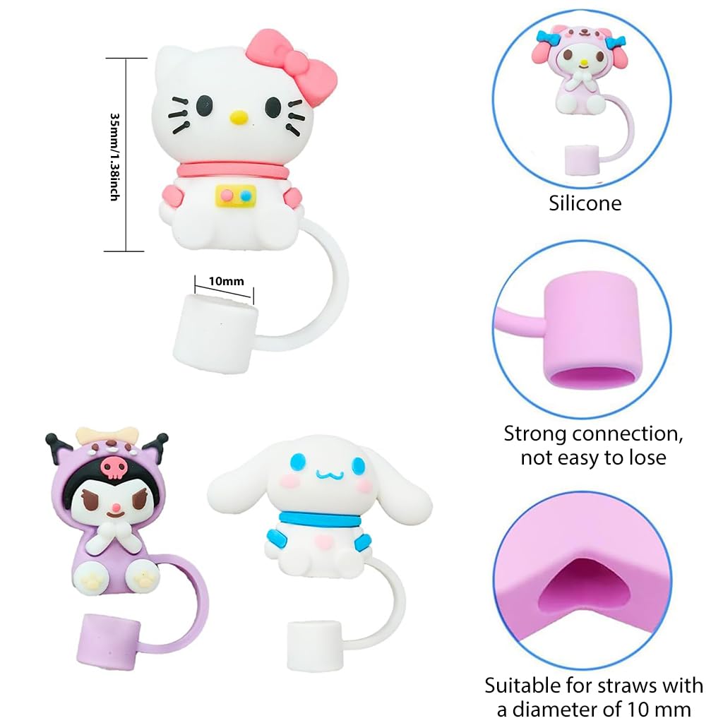 HASTHIP Kawaii Sanrio Series Drinking Straw Lids 8PCS with Anti-Lost Loop | Food-Grade Silicone for 10mm Universal Straws