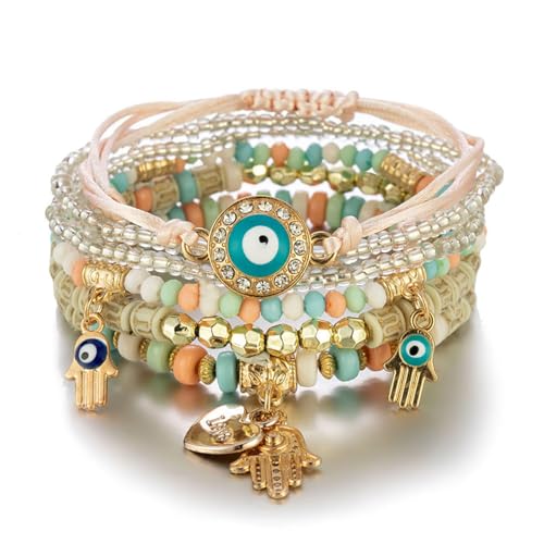 HASTHIP® Pulsera de mano de Fátima multicapa apilable estilo bohemio