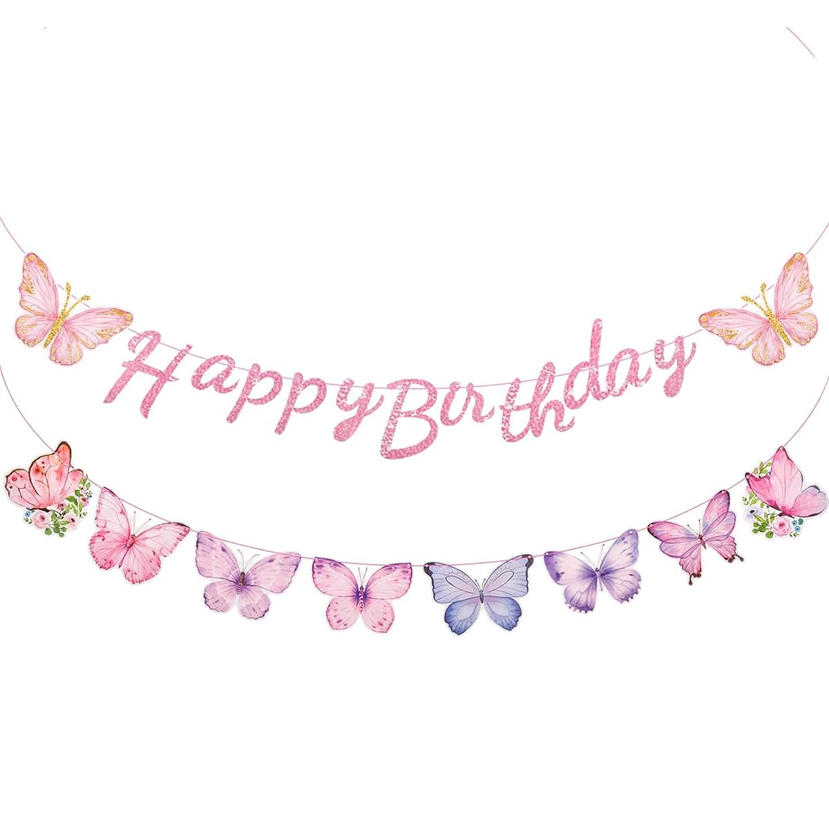 HASTHIP® Happy Birthday Banner with Pink Butterflies, Reusable Cardstock Birthday Party Backdrop Decoration for Girls, Home Wall & Celebration Event Decor