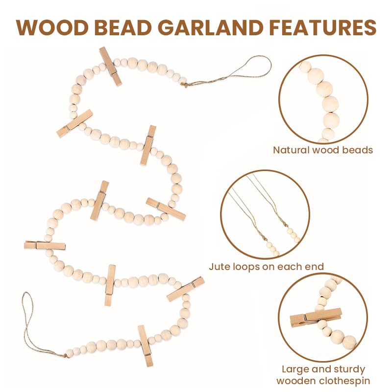 HASTHIP Hanging Photo Display for Wall Decor with 18 Clips and 2×55 in Wooden Bead Garland