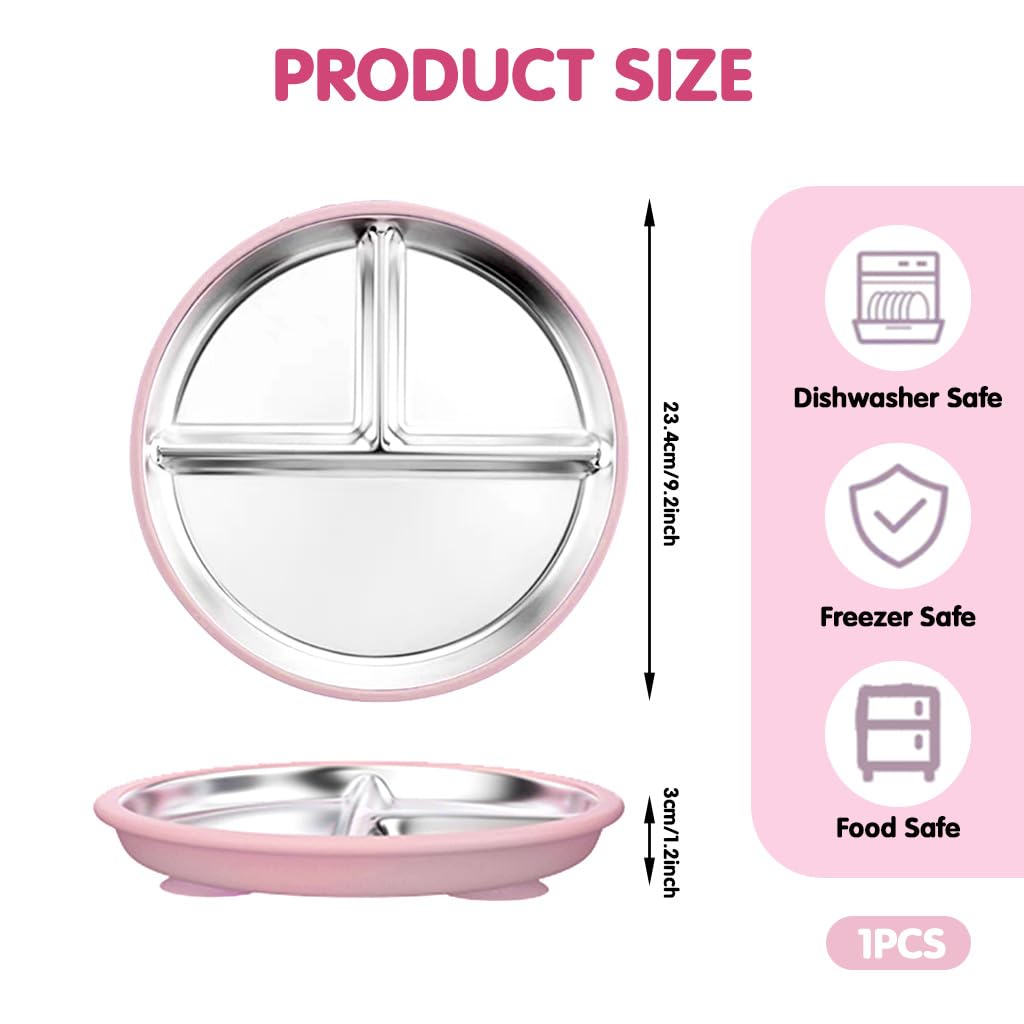 HASTHIP Steel Plates for Kids featuring 3 Compartments and Silicone Suction Base | 9 in Rustproof Stainless Toddler Dish