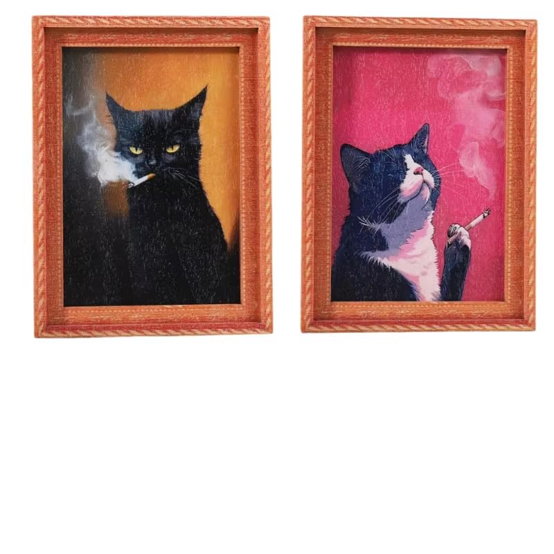 HASTHIP® 2PCS Funny Cat Fridge Magnets, Mini Framed Cat Art Magnets for Refrigerator, Locker, Office and Home Decor, 8 x 6cm