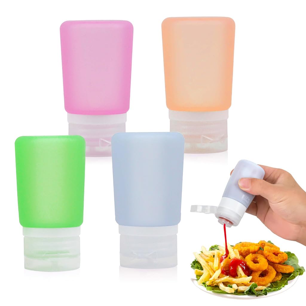 HASTHIP Silicone Squeeze Bottles for Salad Dressing to Go with Leakproof Flip Lid | 4Pcs 60ml Set