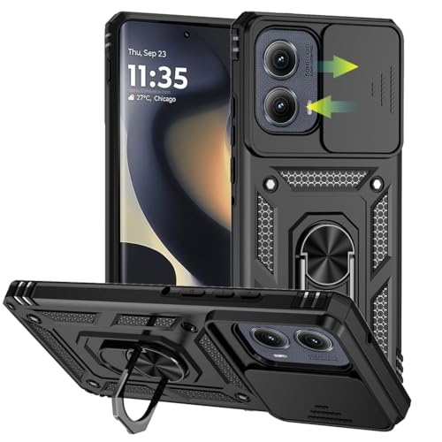 HASTHIP® Phone Case for Moto Edge 50 Fusion 5G 2024 Tough Armor Bumper Magnetic Finger Ring Holder Slider Shutter Camera Protection Shockproof Motorola Phone Case for with Kickstand Black (PC & TPU)