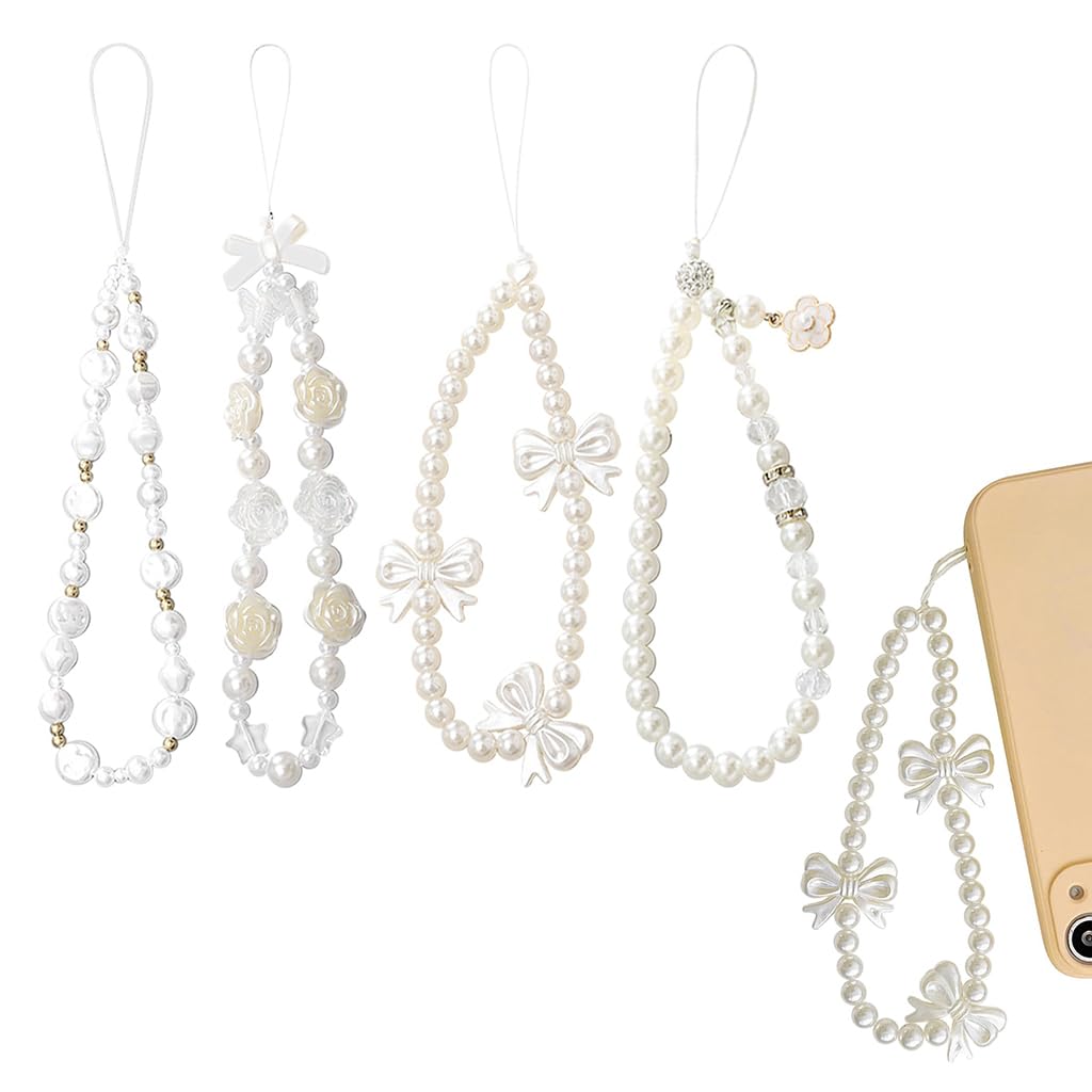 HASTHIP® 4 Piezas Colgantes para Teléfono con Perlas y Lazo Floral, Cuerda con Cuentas Kawaii, Correa de Muñeca Decorativa para Chicas, Accesorio de Móvil Ideal como Regalo