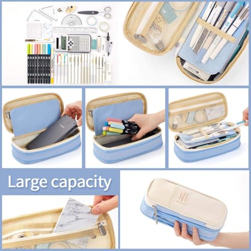 HASTHIP® Large Capacity Pencil Case, Durable Storage Multiple Compartment Double Zipper Portable Capacity Pencil Pouch for College Student Teen, 22x11cm (Light Blue) 2 PCS