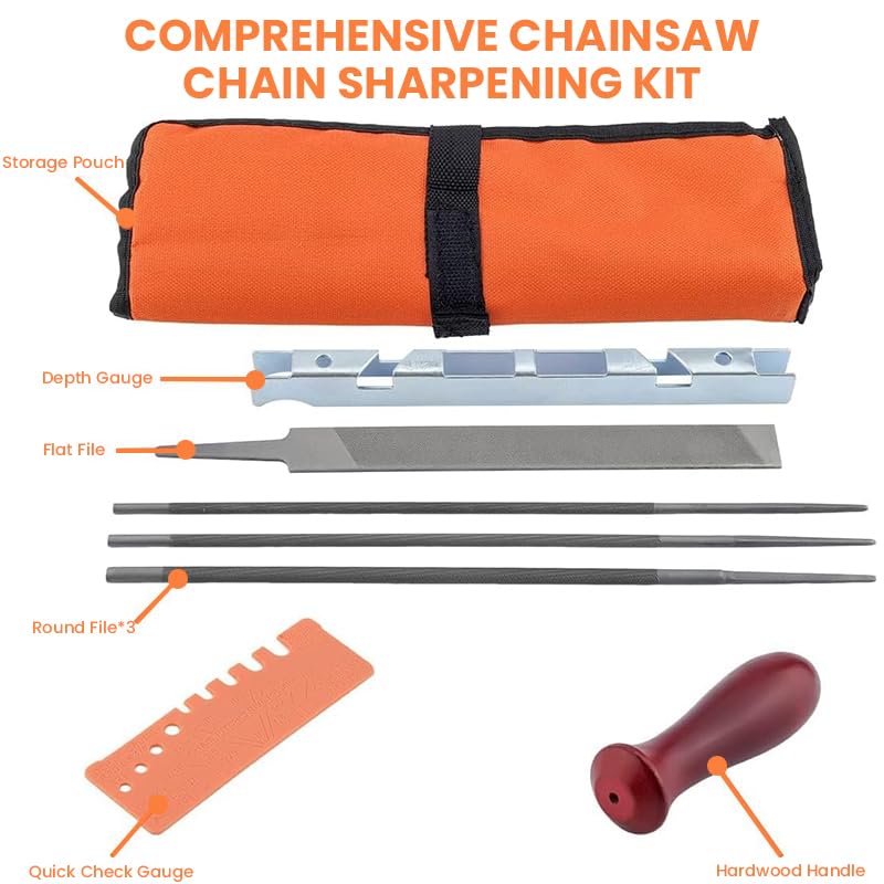 HASTHIP Chainsaw Sharpener Kit 9 Pcs for Chain Repair with File Guide & Wooden Handle | Includes Storage Bag