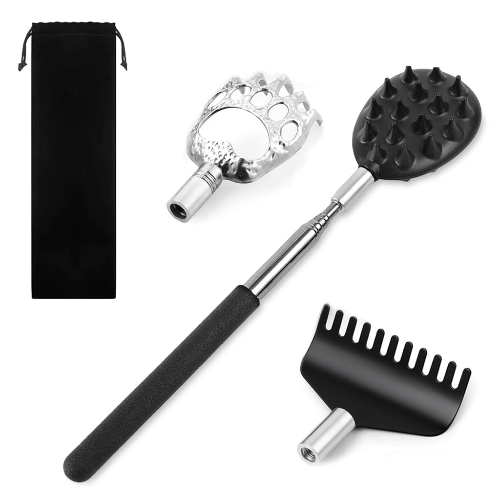 HASTHIP® Rascador de Espalda 3 en 1 de Metal Extensible,Masajeador Retráctil Portátil con Mangos Goma,Alivio Picazón Herramienta Masaje Compacta para Hombres Mujeres Niños Adulto